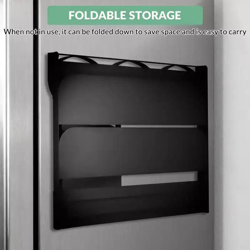 Magnetic Cup Holder for Refrigerator Side C Foldable Space-Saving Organizer with Shelf & Hooks, Holds 3 Large Cups, Sturdy Carbon Steel