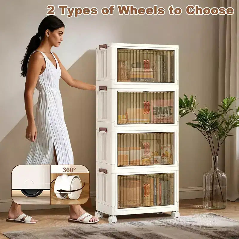 COZONY Foldable Storage Bins with Wheels, Stackable Organizer Bins with Translucent Doors for Home Closet Kitchen Organization
