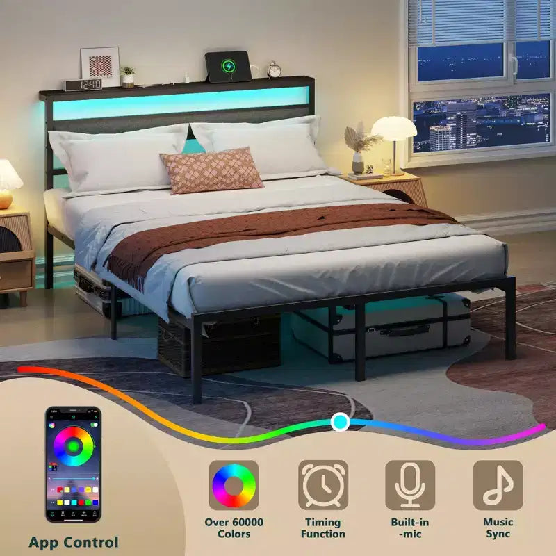 Queen Size Black Metal Platform Bed Frame with Storage Headboard LED Light Built-in Charging Station USB Ports Underbed Storage No Box Spring Needed