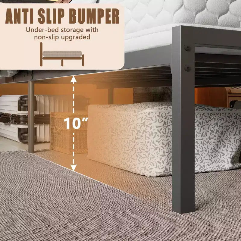 Queen Size Black Metal Platform Bed Frame with Storage Headboard LED Light Built-in Charging Station USB Ports Underbed Storage No Box Spring Needed