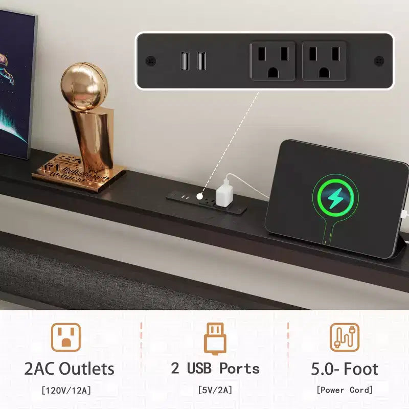 Queen Size Black Metal Platform Bed Frame with Storage Headboard LED Light Built-in Charging Station USB Ports Underbed Storage No Box Spring Needed