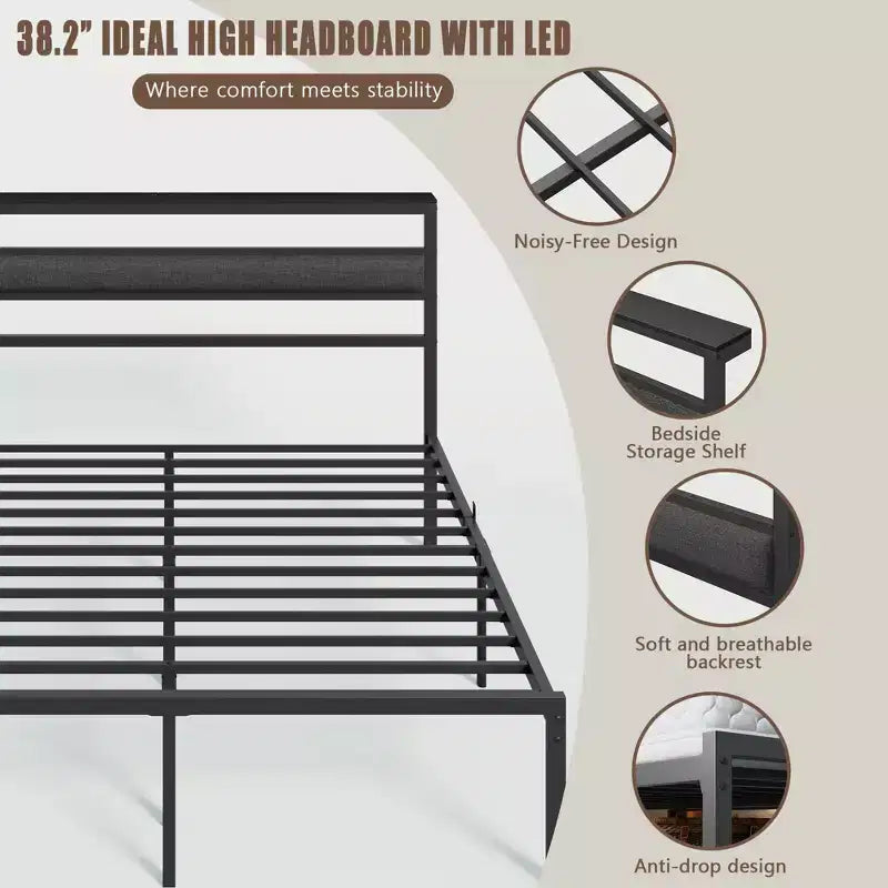 Queen Size Black Metal Platform Bed Frame with Storage Headboard LED Light Built-in Charging Station USB Ports Underbed Storage No Box Spring Needed