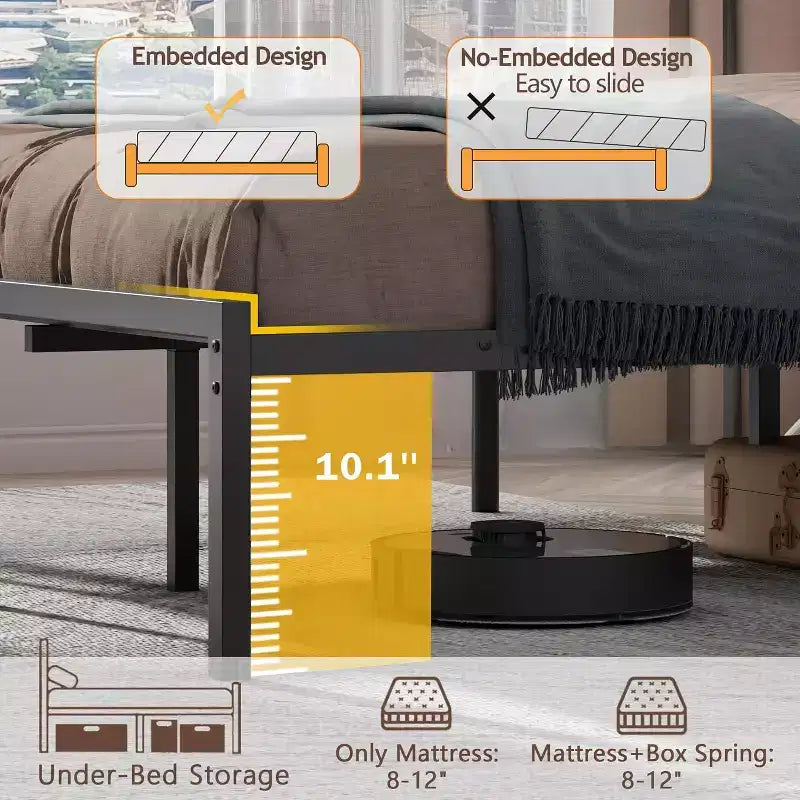 Queen Size Black Metal Platform Bed Frame with Storage Headboard LED Light Built-in Charging Station USB Ports Underbed Storage No Box Spring Needed