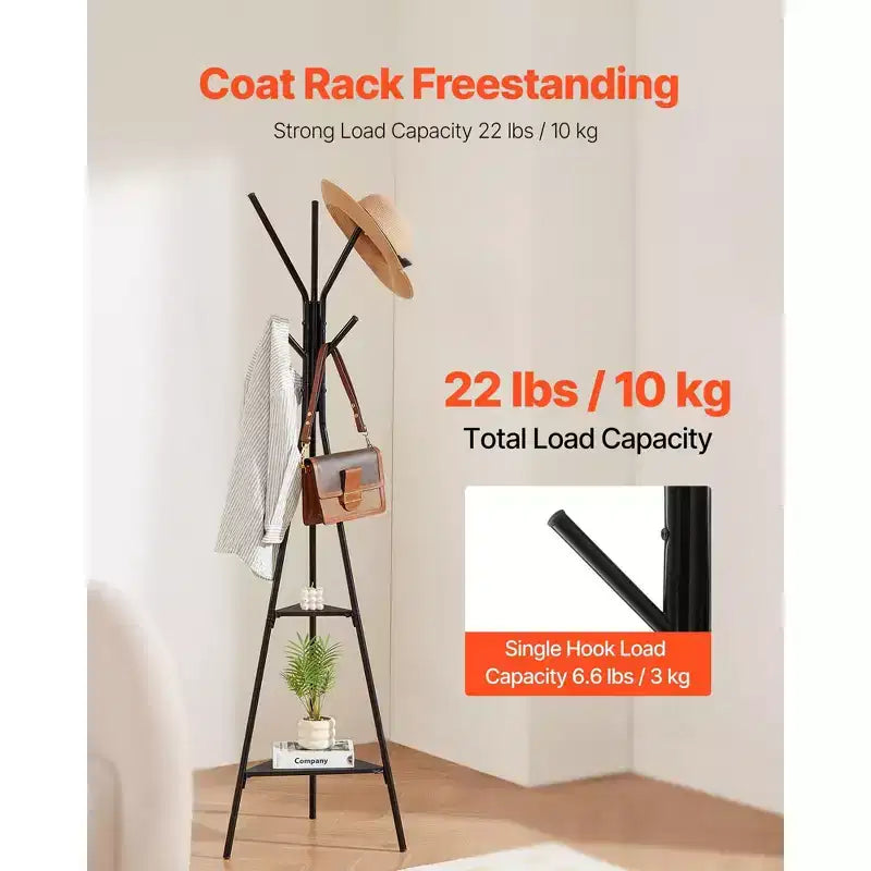 Freestanding Coat Rack with 6 Hooks and 2 Shelves Steel Hall Tree for Entryway