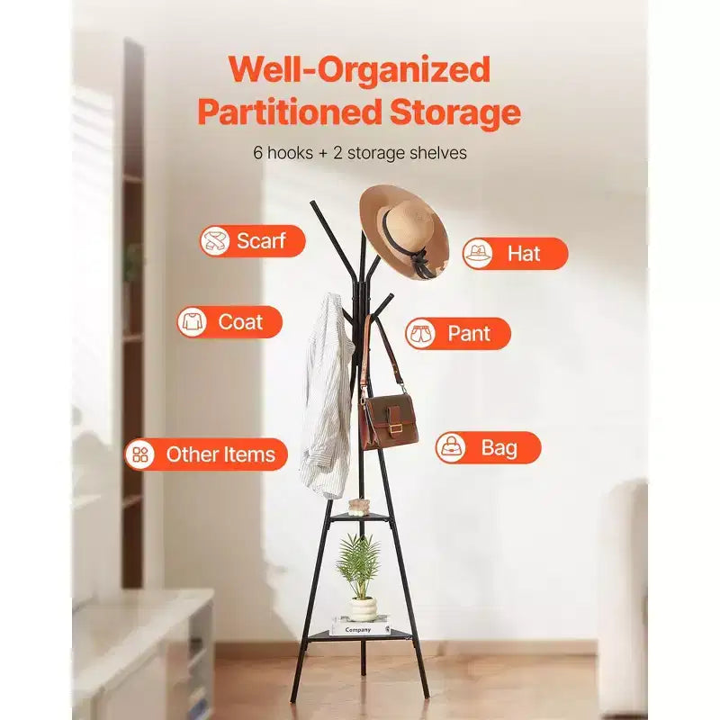Freestanding Coat Rack with 6 Hooks and 2 Shelves Steel Hall Tree for Entryway