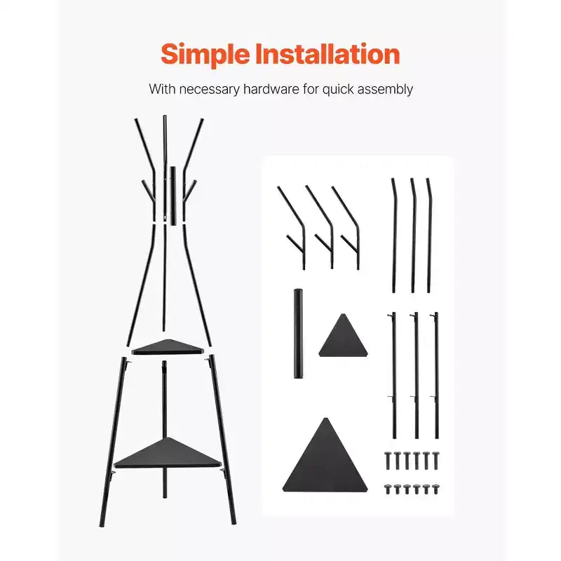 Freestanding Coat Rack with 6 Hooks and 2 Shelves Steel Hall Tree for Entryway