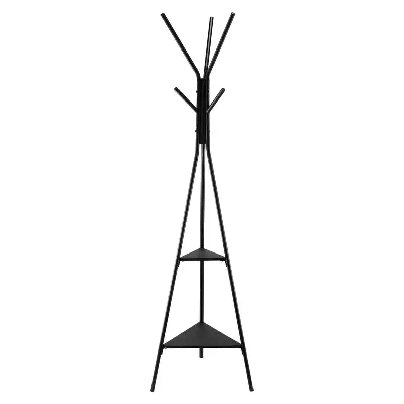 Freestanding Coat Rack with 6 Hooks and 2 Shelves Steel Hall Tree for Entryway
