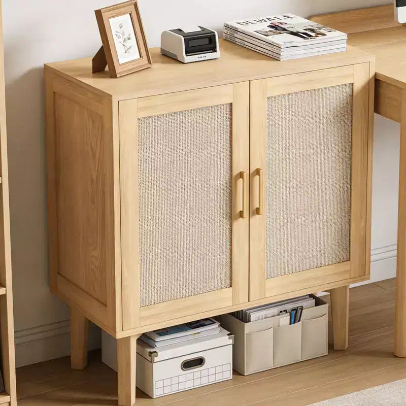 KOLIGEY Buffet Cabinet with Rattan Decor Doors Solid Wood Feet Multifunctional Sideboard Cabinet for Dining Room Kitchen Wood Color