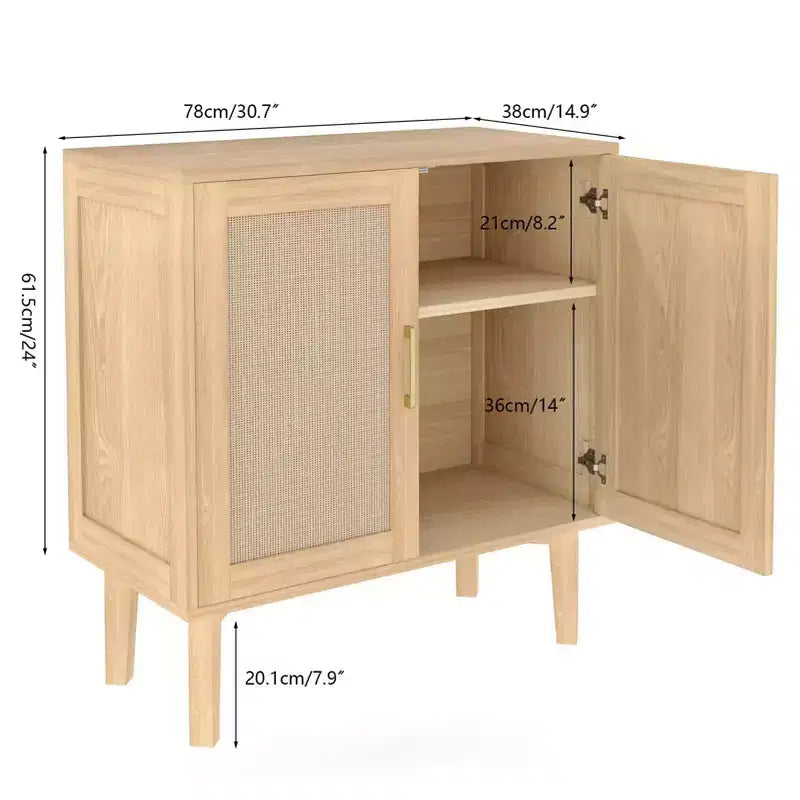 KOLIGEY Buffet Cabinet with Rattan Decor Doors Solid Wood Feet Multifunctional Sideboard Cabinet for Dining Room Kitchen Wood Color