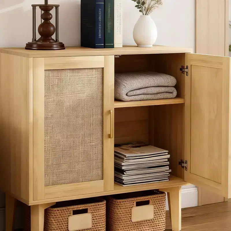 KOLIGEY Buffet Cabinet with Rattan Decor Doors Solid Wood Feet Multifunctional Sideboard Cabinet for Dining Room Kitchen Wood Color