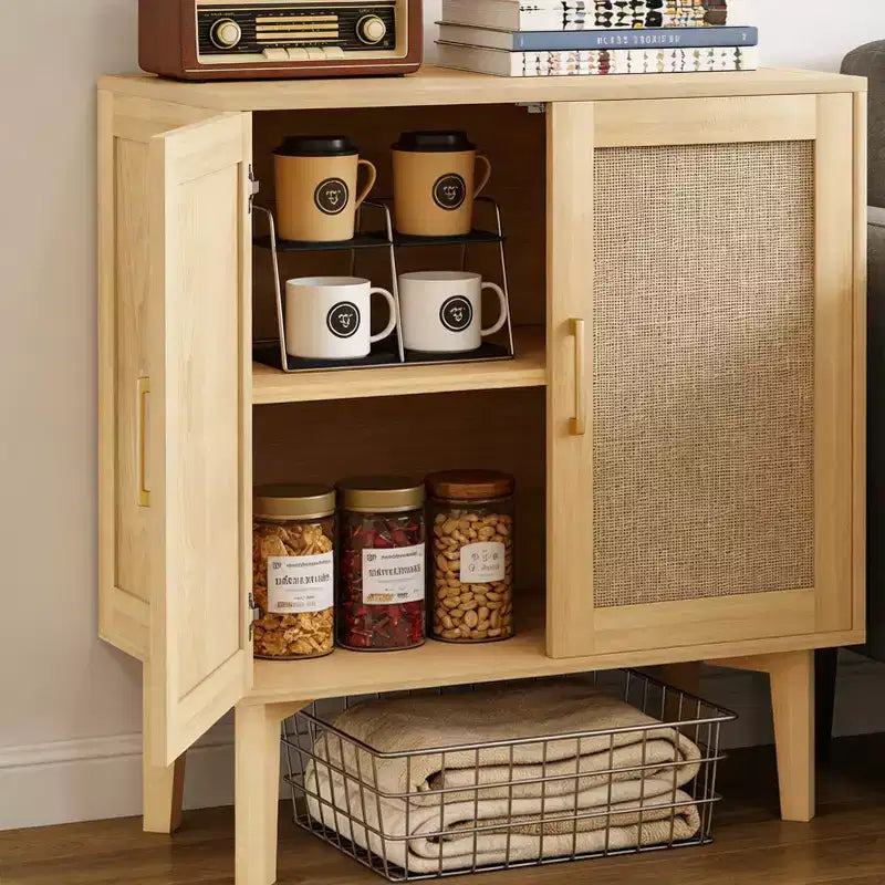 KOLIGEY Buffet Cabinet with Rattan Decor Doors Solid Wood Feet Multifunctional Sideboard Cabinet for Dining Room Kitchen Wood Color