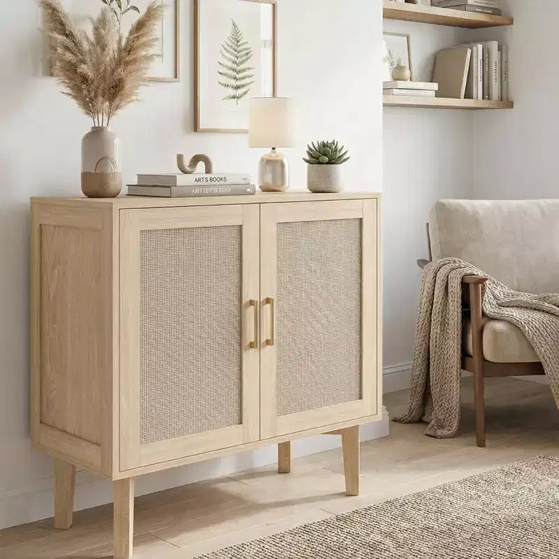 KOLIGEY Buffet Cabinet with Rattan Decor Doors Solid Wood Feet Multifunctional Sideboard Cabinet for Dining Room Kitchen Wood Color