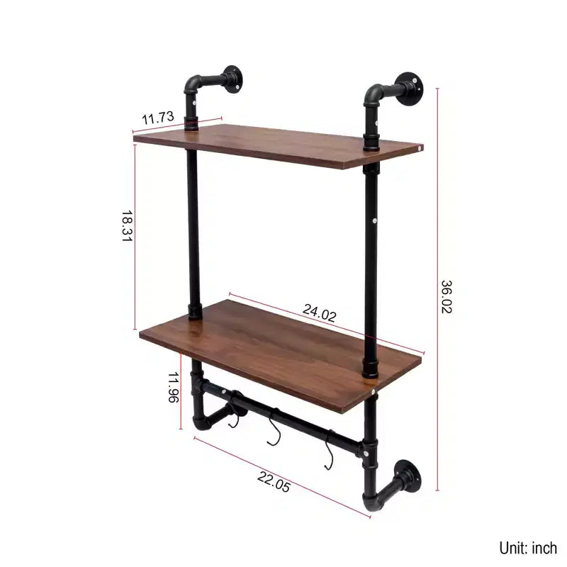 GDFStudio Sian Rustic 2-Tier and 3-Tier Industrial Open Pipe Shelves with 3 Additional Hooks
