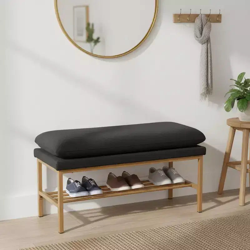 Homy Casa Upholstered Storage Shoe Bench with Metal Frame and Lower Rack for Entryway,Black