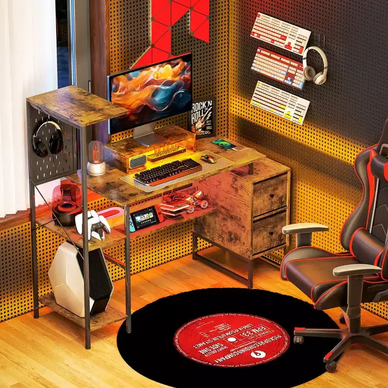 56 Computer Desk with Storage, Computer Table with Power Outlets and LED Lights