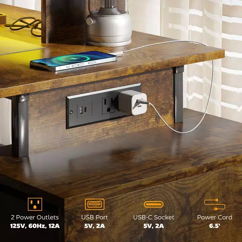56 Computer Desk with Storage, Computer Table with Power Outlets and LED Lights