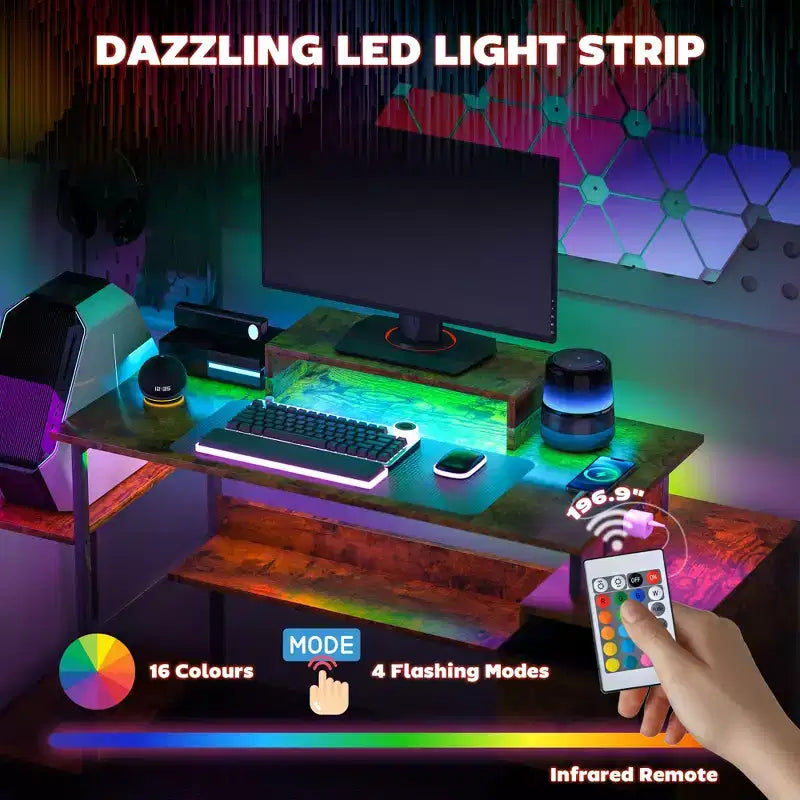 56 Computer Desk with Storage, Computer Table with Power Outlets and LED Lights