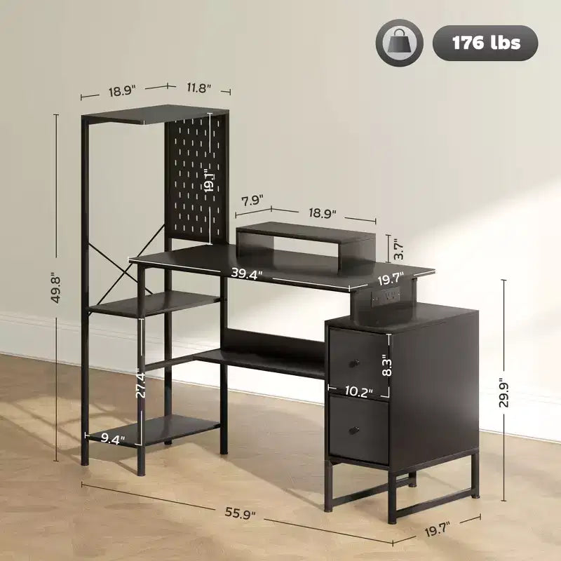 56 Computer Desk with Storage, Computer Table with Power Outlets and LED Lights