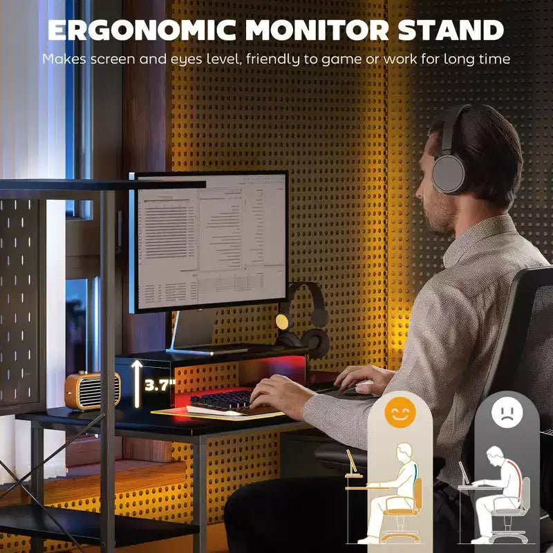 56 Computer Desk with Storage, Computer Table with Power Outlets and LED Lights