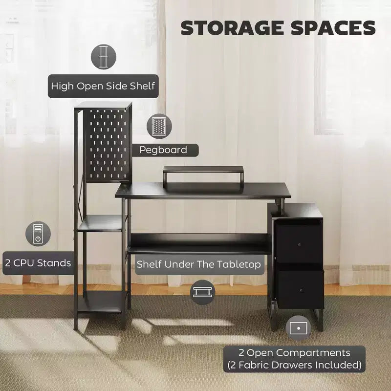 56 Computer Desk with Storage, Computer Table with Power Outlets and LED Lights