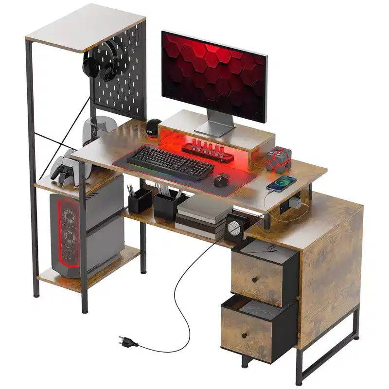 56 Computer Desk with Storage, Computer Table with Power Outlets and LED Lights