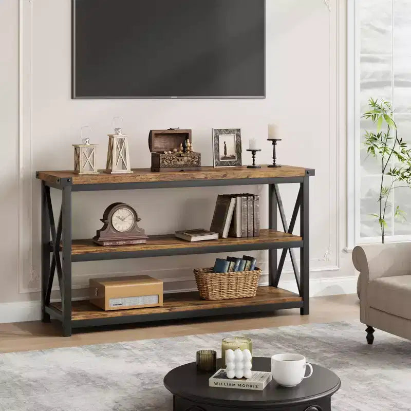 47 Long Console Table with 3-Tier Storage, Industrial Rectangular Sofa Table for Entryway, Hallway, or Living Room