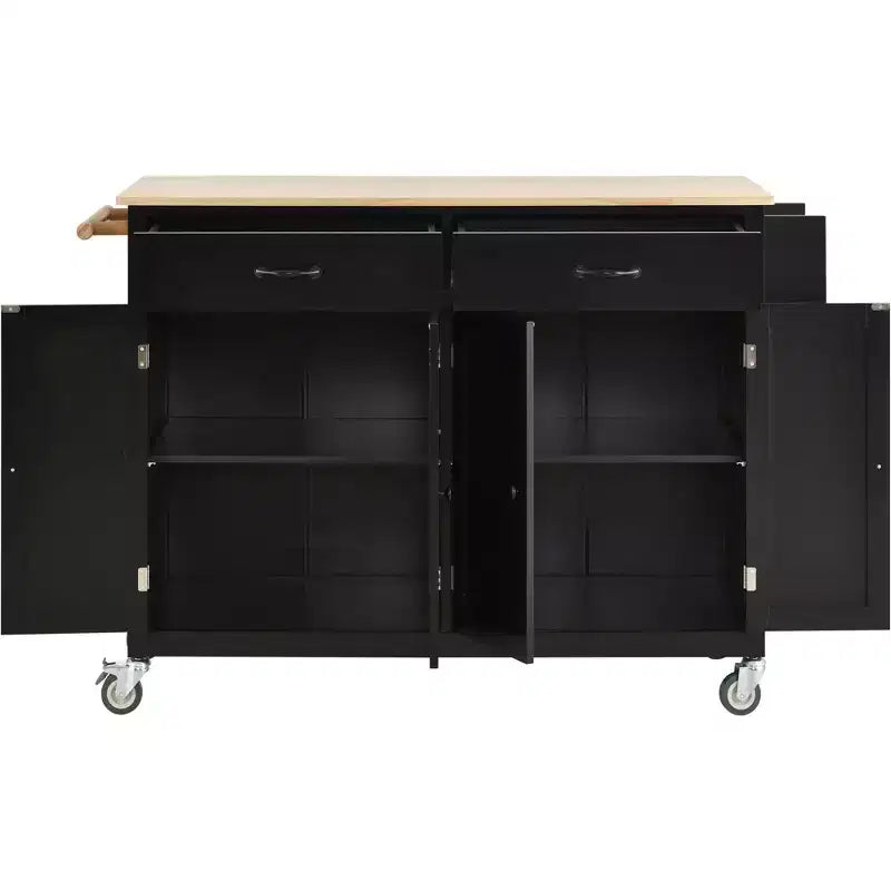 PexFix 54.3 Inch Kitchen Island Cart with Solid Wood Top and Locking Wheels 4 Door Cabinet and Two Drawers & Spice Rack & Towel Rack Black