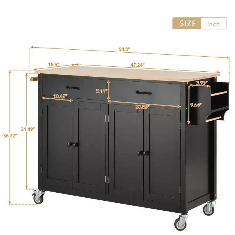 PexFix 54.3 Inch Kitchen Island Cart with Solid Wood Top and Locking Wheels 4 Door Cabinet and Two Drawers & Spice Rack & Towel Rack Black