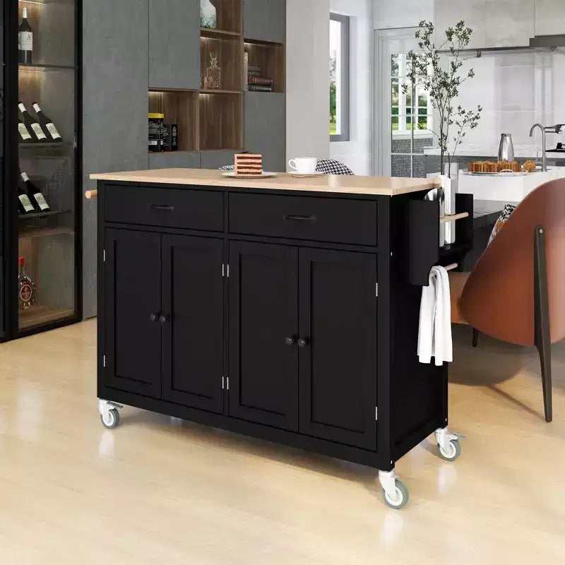 PexFix 54.3 Inch Kitchen Island Cart with Solid Wood Top and Locking Wheels 4 Door Cabinet and Two Drawers & Spice Rack & Towel Rack Black