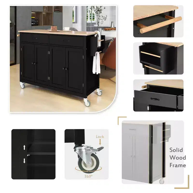 PexFix 54.3 Inch Kitchen Island Cart with Solid Wood Top and Locking Wheels 4 Door Cabinet and Two Drawers & Spice Rack & Towel Rack Black