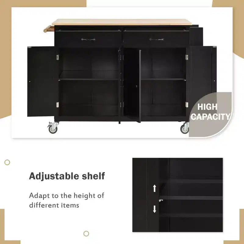 PexFix 54.3 Inch Kitchen Island Cart with Solid Wood Top and Locking Wheels 4 Door Cabinet and Two Drawers & Spice Rack & Towel Rack Black