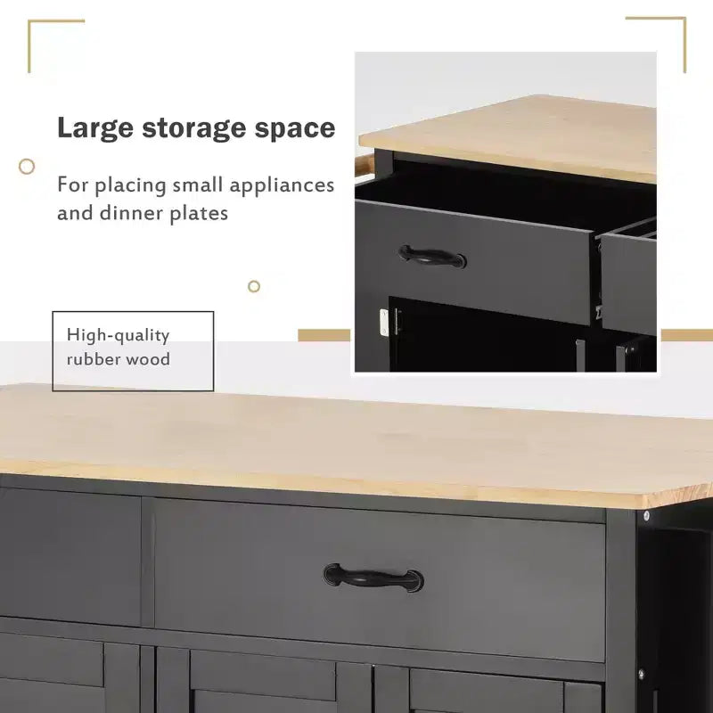 PexFix 54.3 Inch Kitchen Island Cart with Solid Wood Top and Locking Wheels 4 Door Cabinet and Two Drawers & Spice Rack & Towel Rack Black