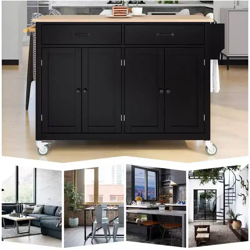 PexFix 54.3 Inch Kitchen Island Cart with Solid Wood Top and Locking Wheels 4 Door Cabinet and Two Drawers & Spice Rack & Towel Rack Black