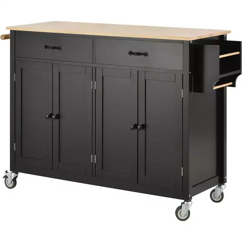 PexFix 54.3 Inch Kitchen Island Cart with Solid Wood Top and Locking Wheels 4 Door Cabinet and Two Drawers & Spice Rack & Towel Rack Black