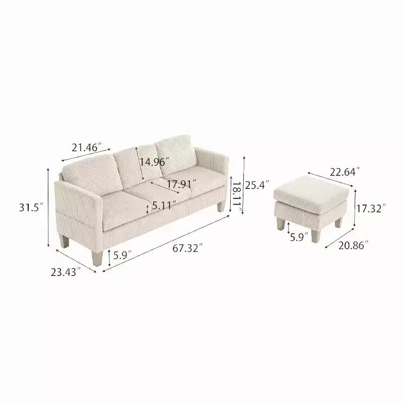 GDFStudio Xylia Modern 67.32'' L-Shaped Corduroy Upholstered 3-Seater Sofa with Storage Ottoman