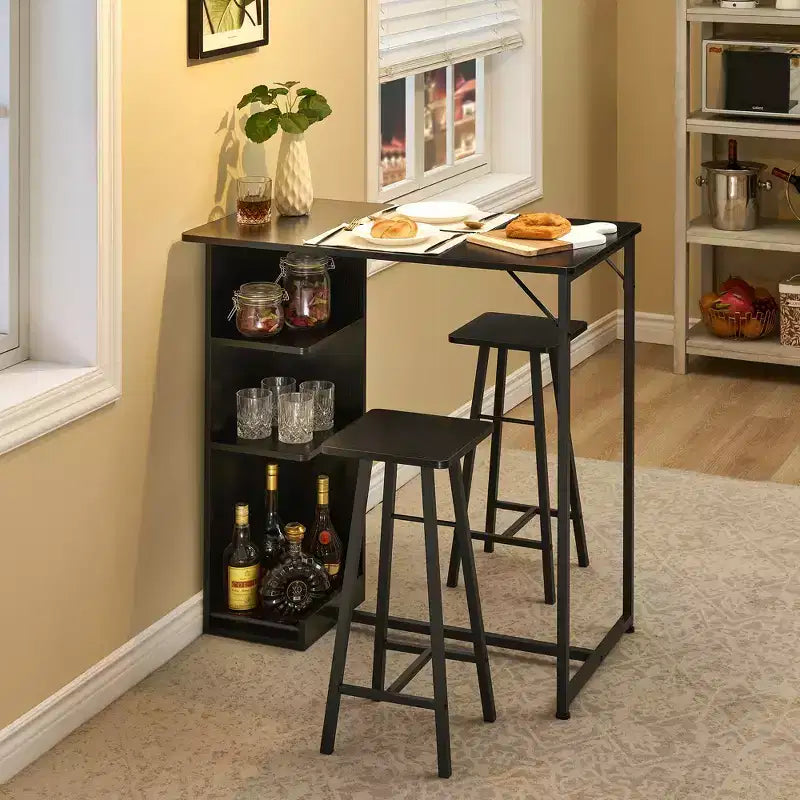 COZONY 3-Piece Bar Table and Chairs Set, Dining Table Set w/ 3 Storage Shelves & Stools