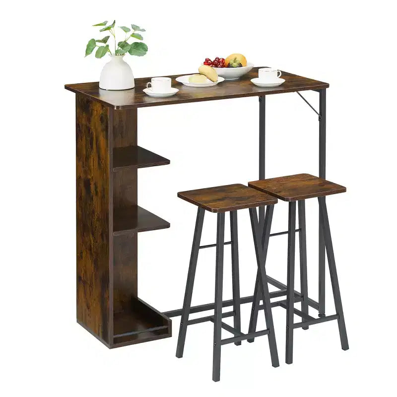 COZONY 3-Piece Bar Table and Chairs Set, Dining Table Set w/ 3 Storage Shelves & Stools