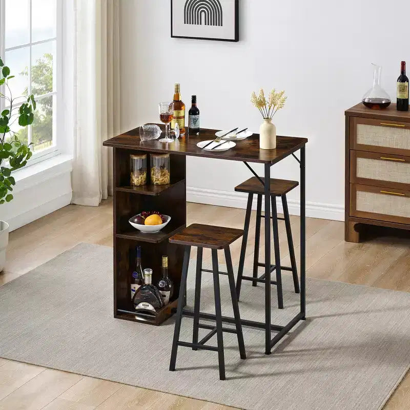 COZONY 3-Piece Bar Table and Chairs Set, Dining Table Set w/ 3 Storage Shelves & Stools