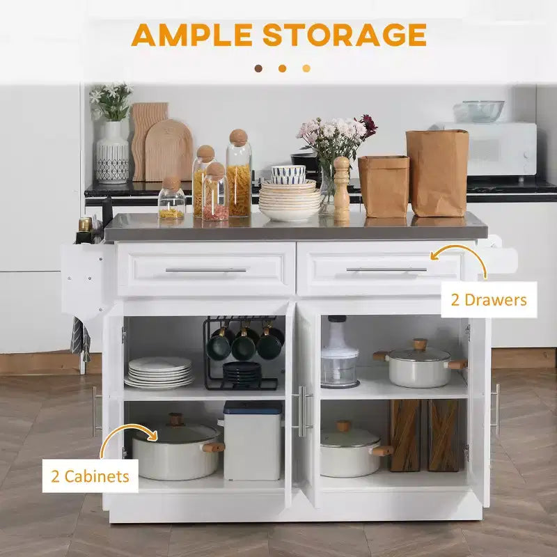 GDFStudio Berea Stainless Steel and Wood Rolling Kitchen Island Cart with Storage Cabinets
