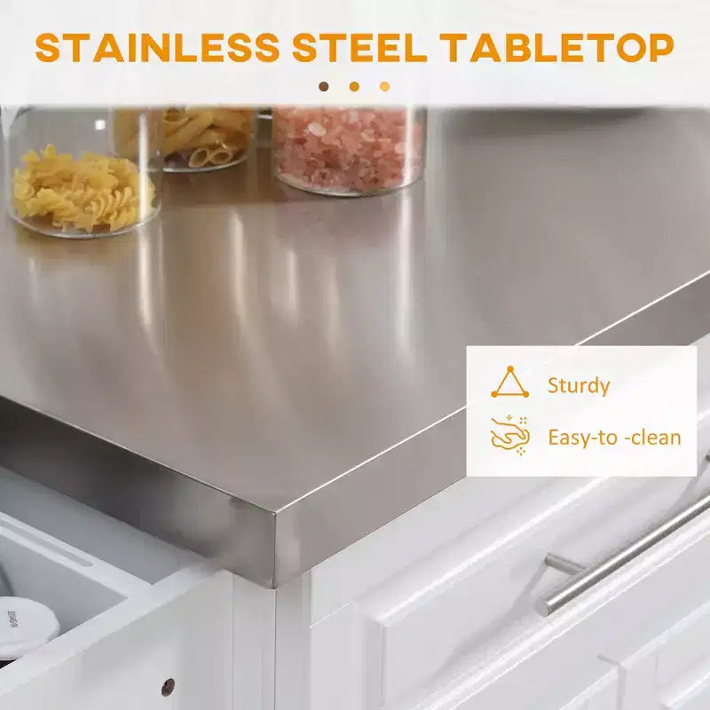 GDFStudio Berea Stainless Steel and Wood Rolling Kitchen Island Cart with Storage Cabinets