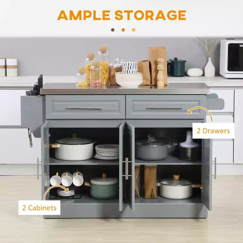 GDFStudio Berea Stainless Steel and Wood Rolling Kitchen Island Cart with Storage Cabinets