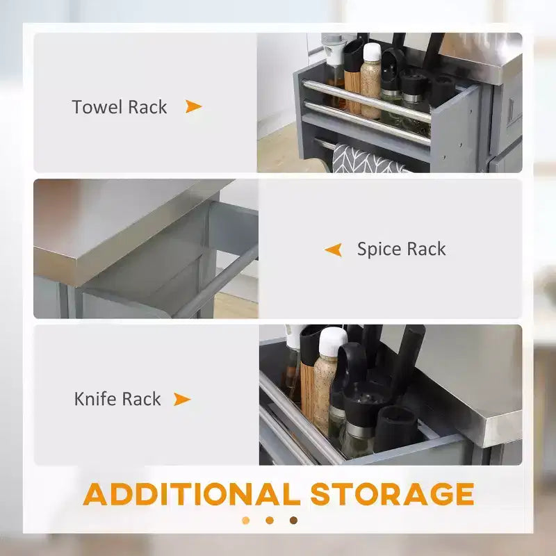 GDFStudio Berea Stainless Steel and Wood Rolling Kitchen Island Cart with Storage Cabinets