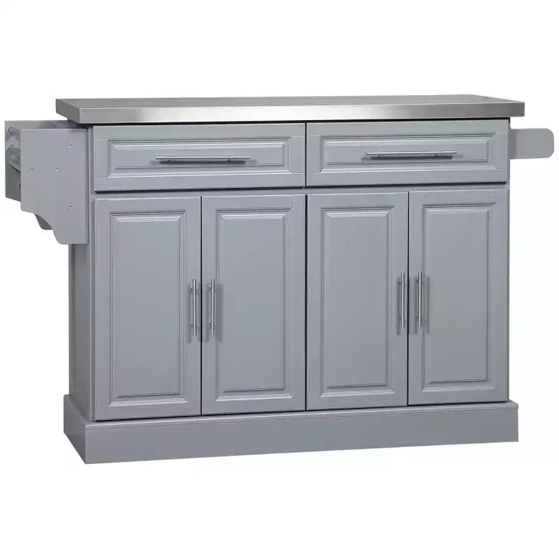 GDFStudio Berea Stainless Steel and Wood Rolling Kitchen Island Cart with Storage Cabinets