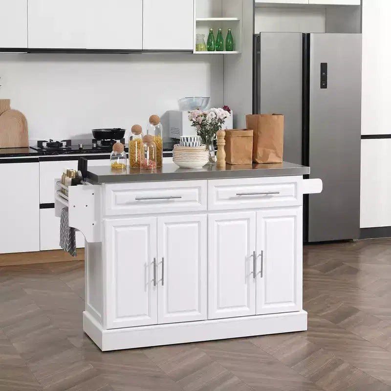 GDFStudio Berea Stainless Steel and Wood Rolling Kitchen Island Cart with Storage Cabinets