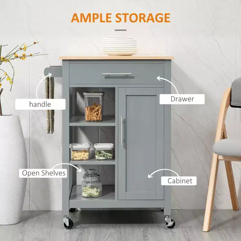 Kitchen Island Cart, Rolling Kitchen Island with Storage Shelf, Solid Wood Top, Drawer, for Dining Room