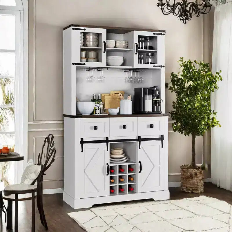 COZONY 72 Tall Wine Bar Cabinet with Door & Glass Holder, Standing Liquor Cabinet Sideboard with Closed Storage for Kitchen & Living Room, White