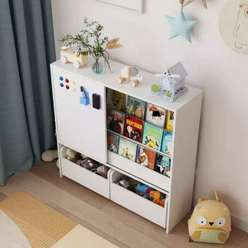 Famapy White Kids Storage Bookshelf Toy Storage Cabinet Sliding Door + Rolling Bins + Multi-Tier Shelves