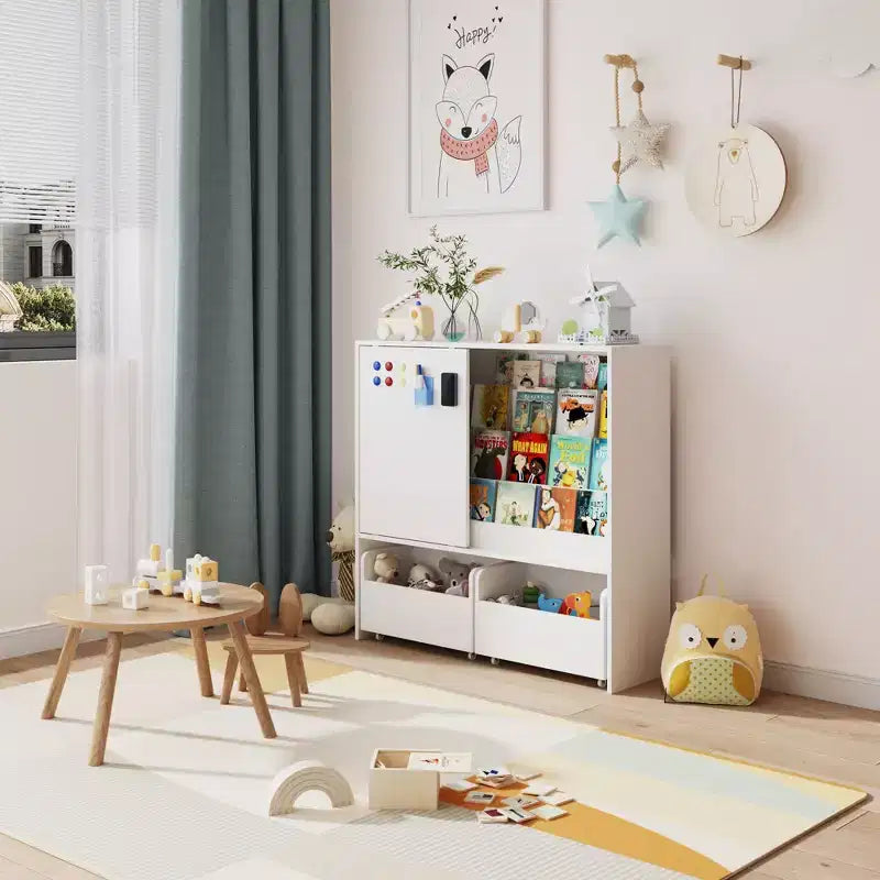 Famapy White Kids Storage Bookshelf Toy Storage Cabinet Sliding Door + Rolling Bins + Multi-Tier Shelves