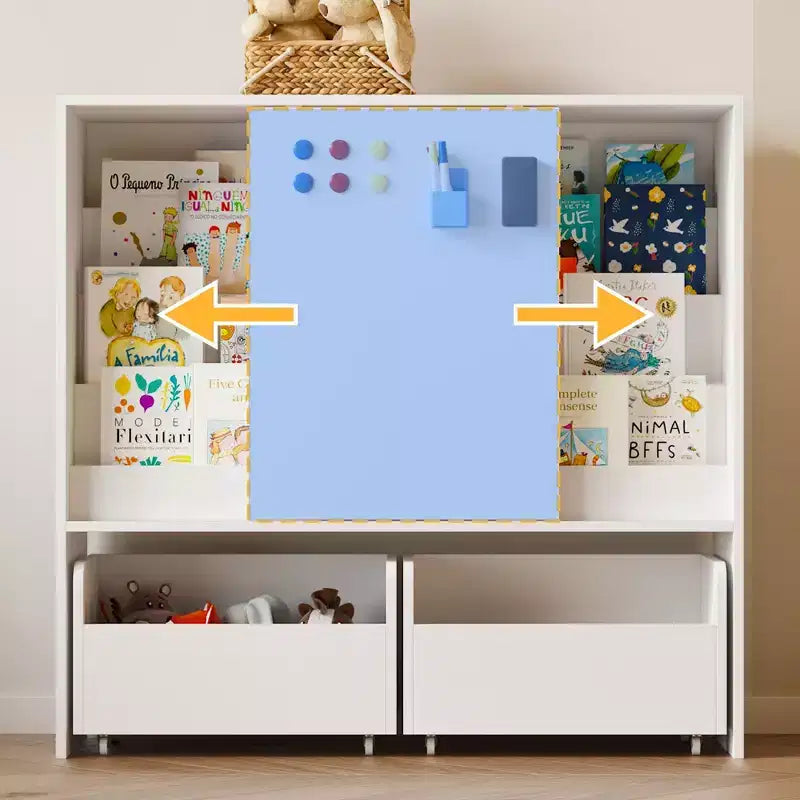 Famapy White Kids Storage Bookshelf Toy Storage Cabinet Sliding Door + Rolling Bins + Multi-Tier Shelves