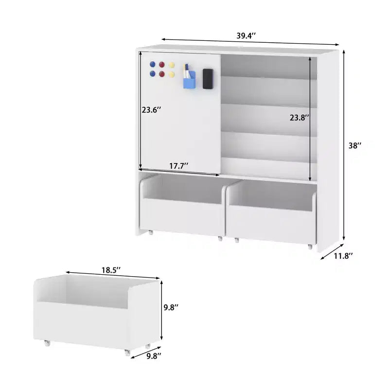 Famapy White Kids Storage Bookshelf Toy Storage Cabinet Sliding Door + Rolling Bins + Multi-Tier Shelves